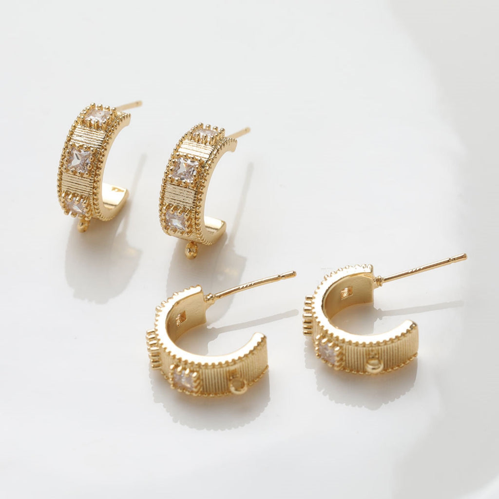 C Shape Earrings Post, 14K Gold/Silver Plated, CZ Pave, S925 Silver Ear Pin Nickel Free, Ear Stud Hypoallergenic Earring Findings GZ406