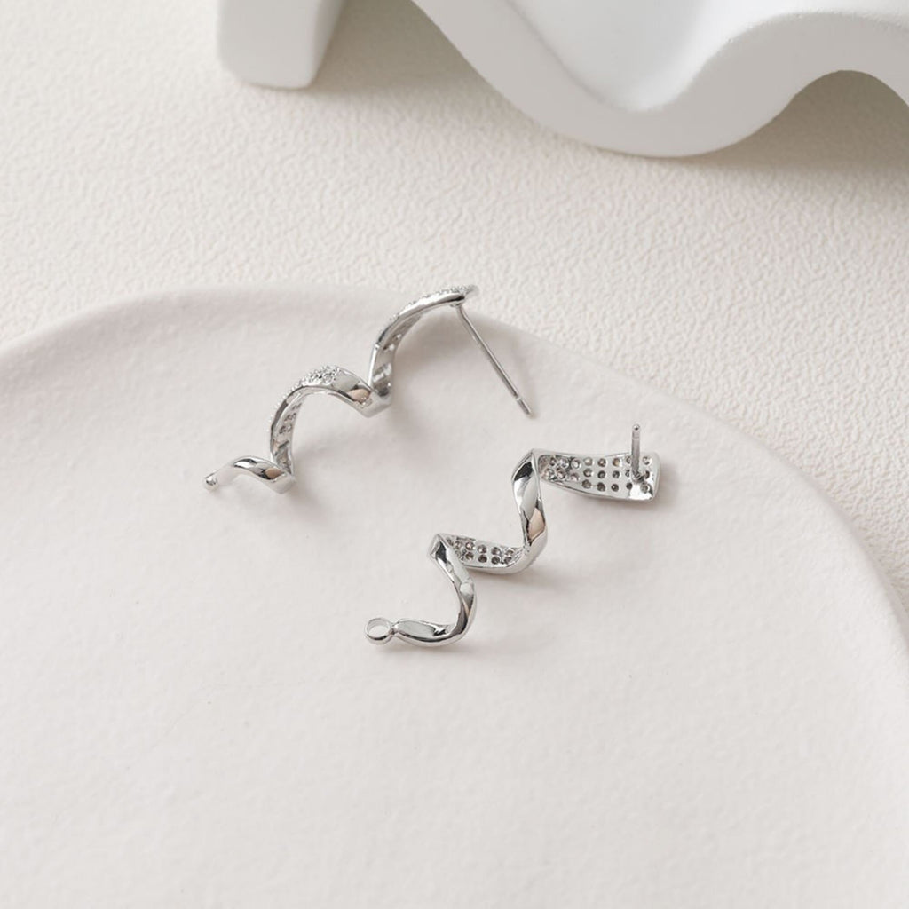 Wave Earring Post with Loop, 14K Gold/Silver, CZ Pave, S925 Silver Pin Nickel Free Earrings, Wave Ear Stud with Loop BB119