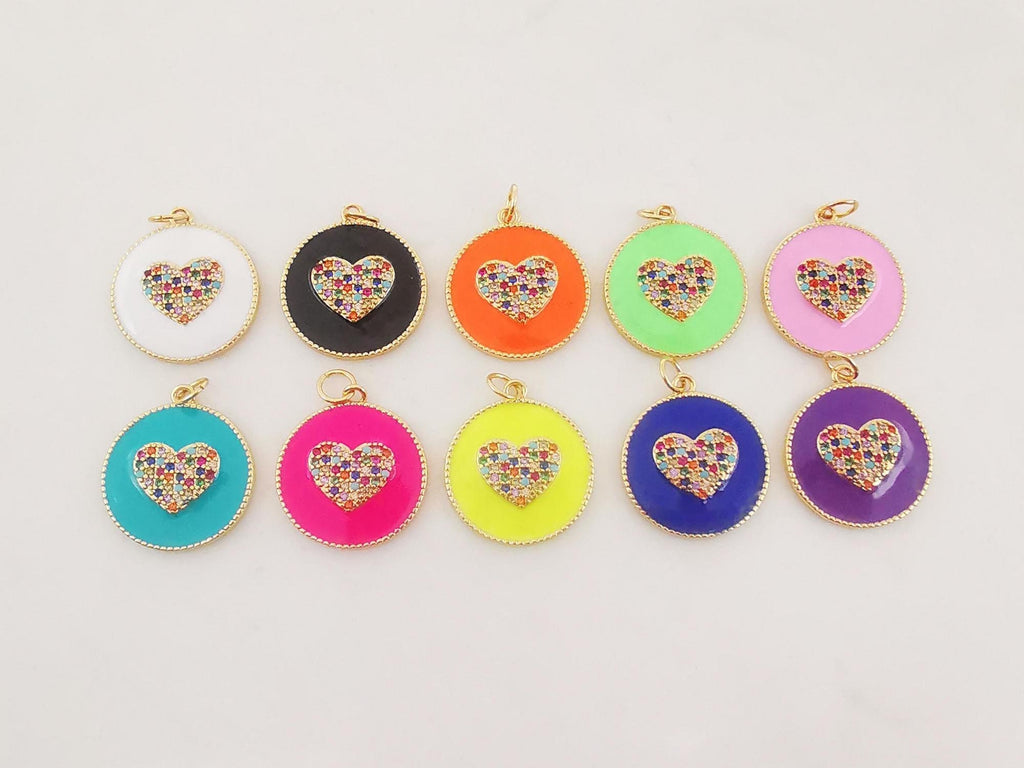 Enamel Round Heart Charm, 18K Gold Plated Love Pendant, Multicolor Pave, 18mm, Necklace Making Charm, Jewelry Findings S20311
