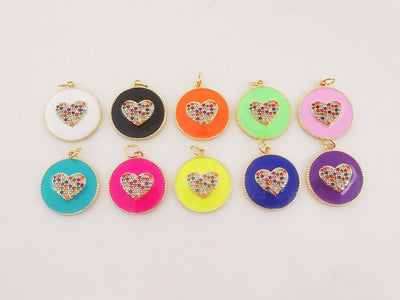 Enamel Round Heart Charm, 18K Gold Plated Love Pendant, Multicolor Pave, 18mm, Necklace Making Charm, Jewelry Findings S20311