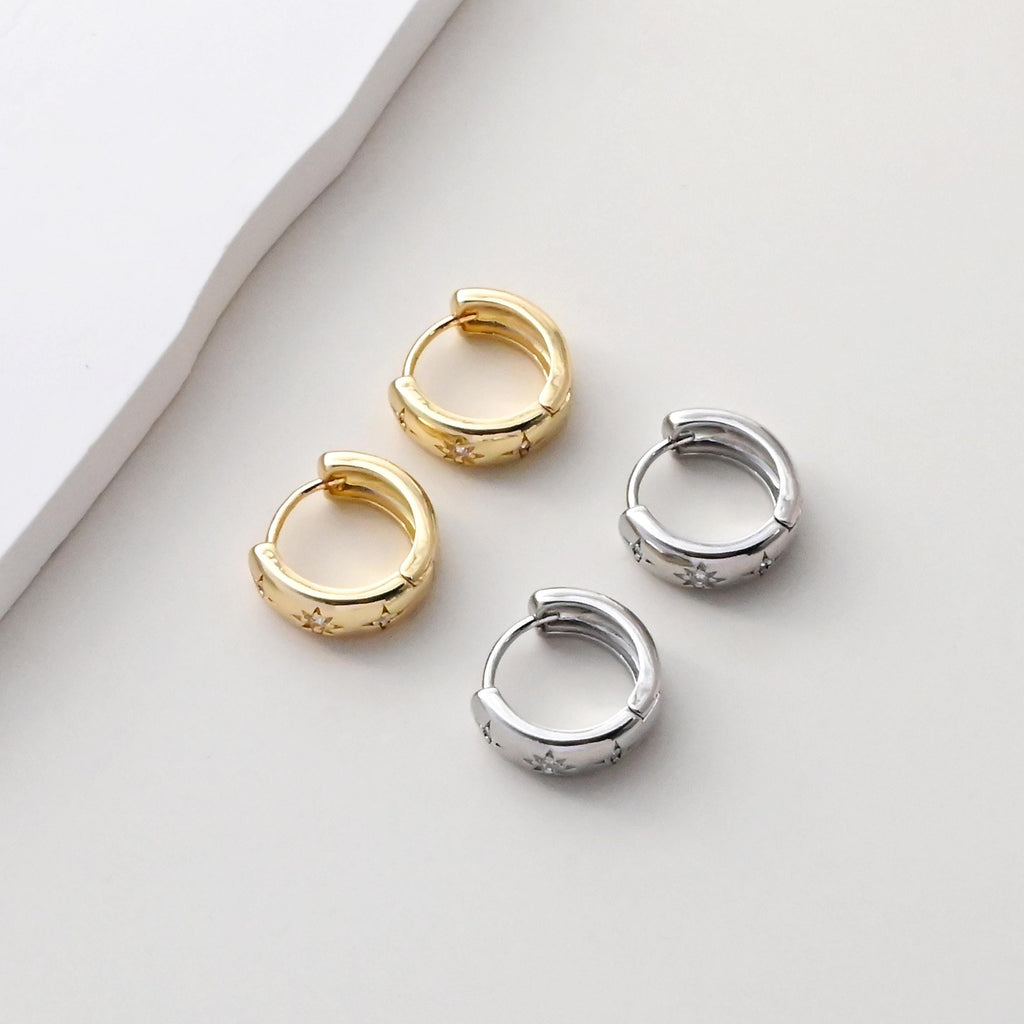 Aros de circonita cúbica con forma de estrella, aros redondos, pendientes de palanca chapados en oro de 18 quilates, aros tipo huggie, accesorios para pendientes DIY S1418