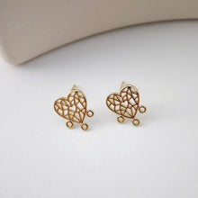 Load image into Gallery viewer, 18K Heart Flower Stud Earrings with 3 Loops, Heart Stud Earring Nickel Free, 12mm, Hypoallergenic Earring Findings D0201