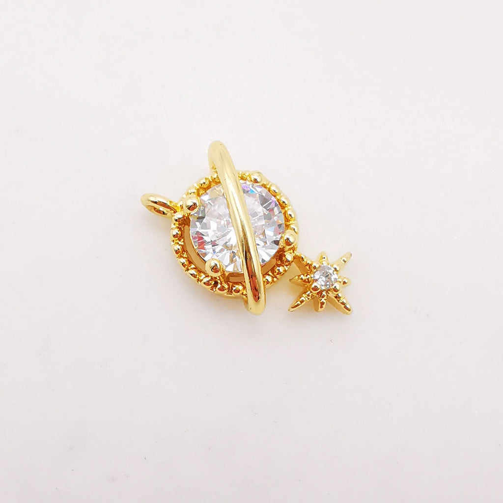 2pcs Planet Shiny Star Charm, Cubic Planet Pendant, 17mm, 18K Gold Plated, Necklace Making Charms, Jewelry Findings S360