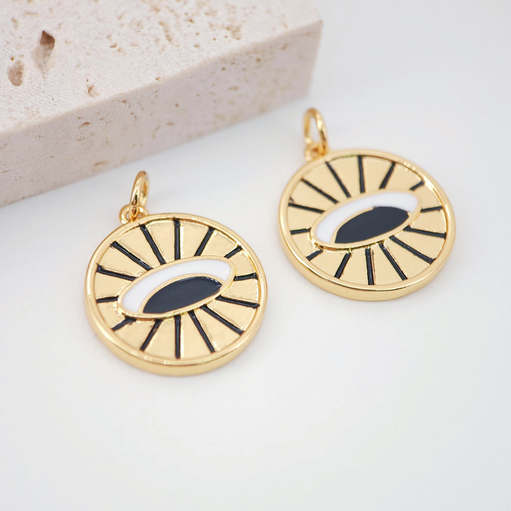 Red Cubic Evil Eye Charm, 18K Gold Plated Micro CZ Pave Round Pendant, 16mm, Necklace Making Charm, Jewelry Findings S893