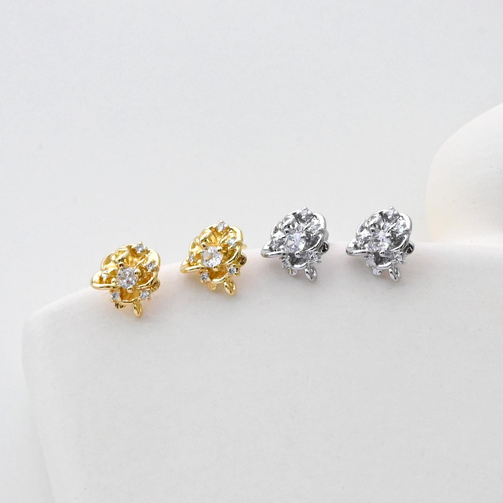 Poste para pendientes con forma de rosa, pendiente de botón de latón chapado en oro auténtico de 18 quilates con aro, pavé de circonitas cúbicas, sin níquel, fornitura D0450