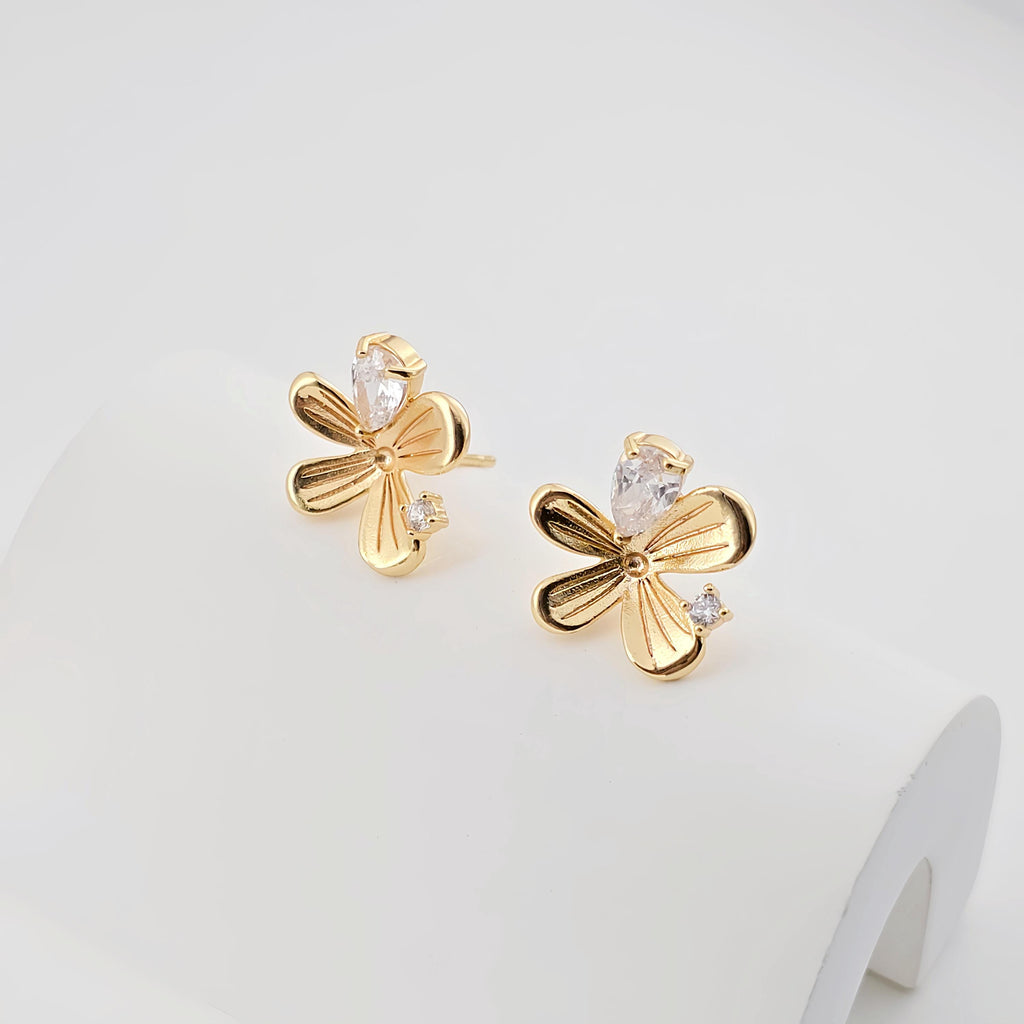 Flower Post Earring, 18K Gold Plated Brass Stud Earring With Loop, CZ Pave, 14.3mm, S925 Silver Ear Pin, Nickel Free, Earring Finding ZX286