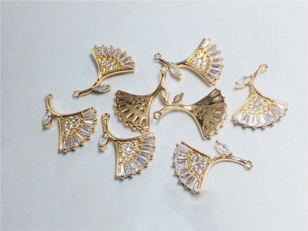 CZ Pave Fan Shape Charm, Cubic Zircon Crystal Fan Connector, CZ Earring Charms, Real Gold Plated, Jewelry Findings STG053-F219