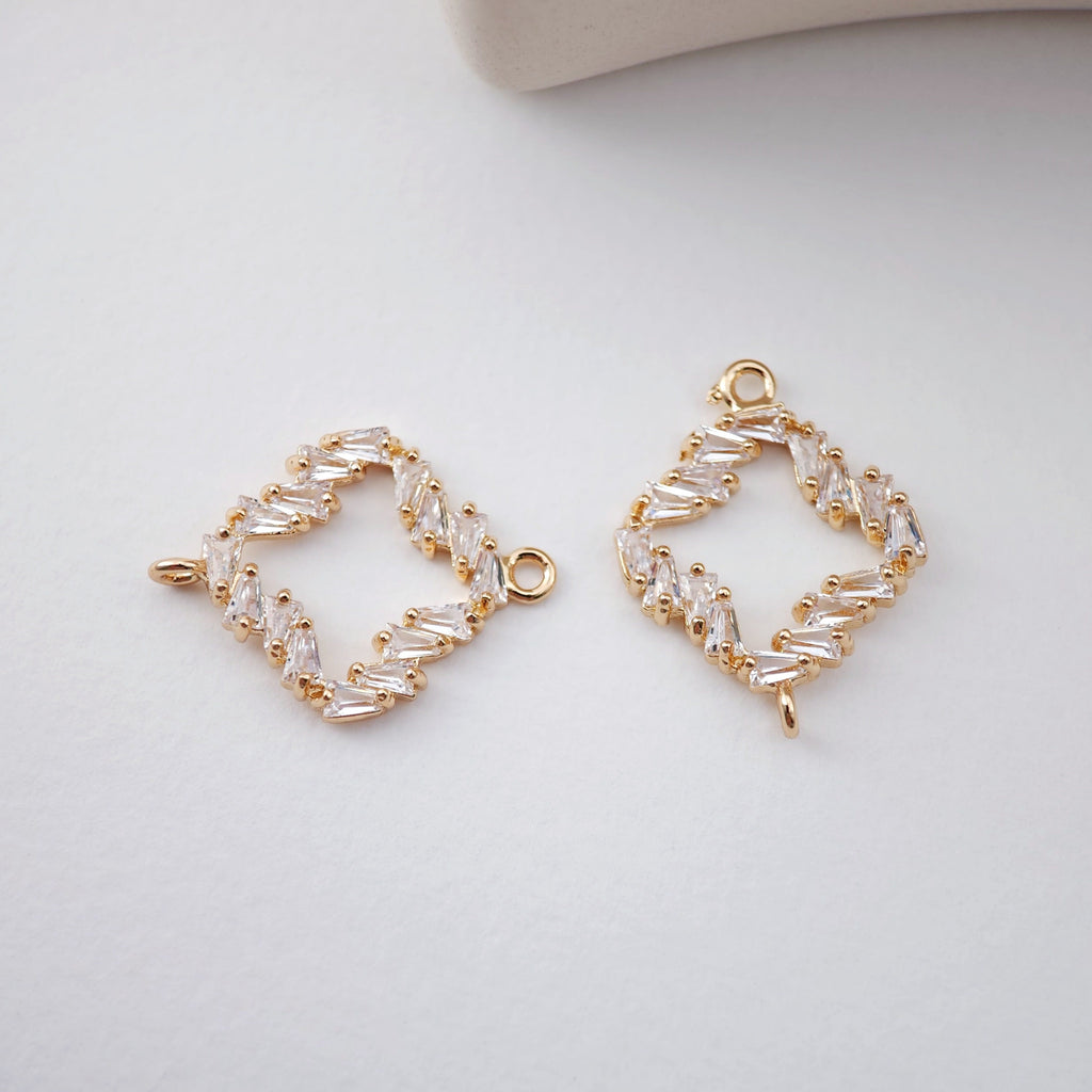 CZ Pave Rhombic Connector, Cubic Pendant, Earring Connectors, Real Gold Plated Brass Earring Charms, Jewelry Findings D0058