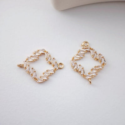 CZ Pave Rhombic Connector, Cubic Pendant, Earring Connectors, Real Gold Plated Brass Earring Charms, Jewelry Findings D0058