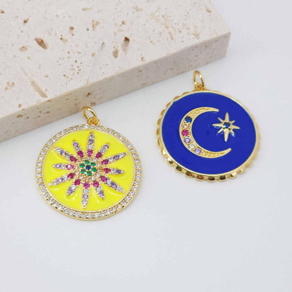 Enamel Sun Charm, Cubic Sunshine Round Pendant, 18K Shiny Gold Plated Micro CZ Pave, 25mm, Necklace Making Charm, Jewelry Findings S1084