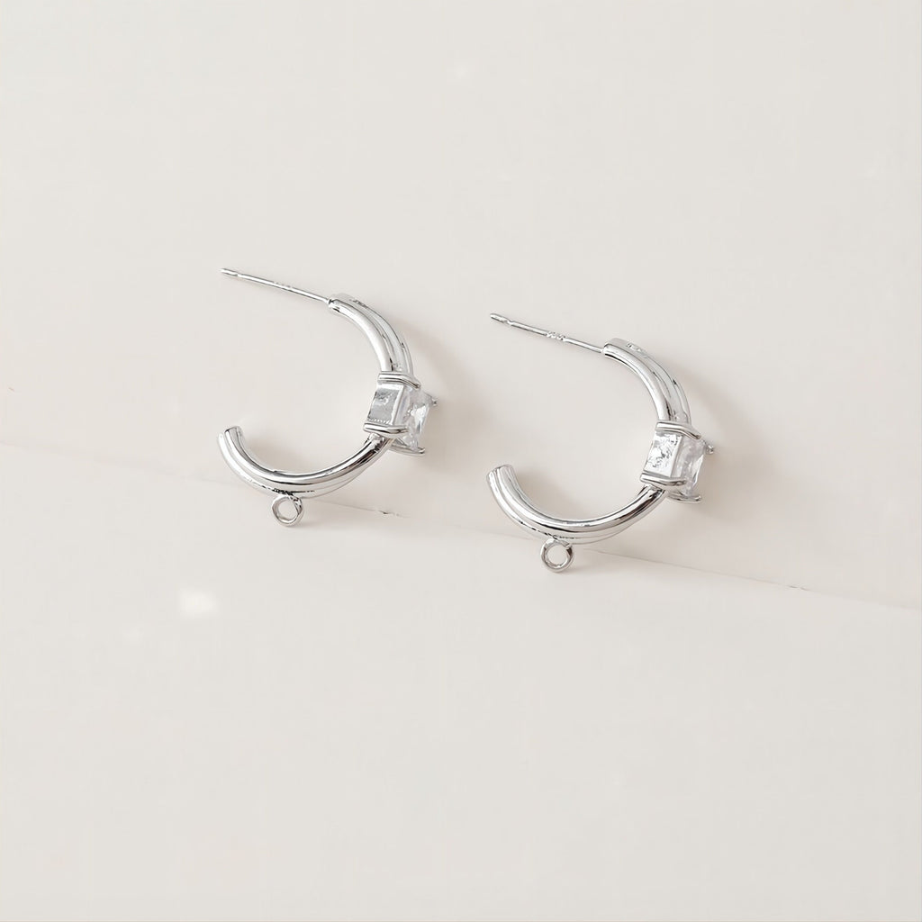 C Shape Earrings Post With Loop, 14K Gold/Silver Plated, S925 Silver Ear Pin Nickel Free Earrings, Pave Square CZ, Earring Findings JJ007