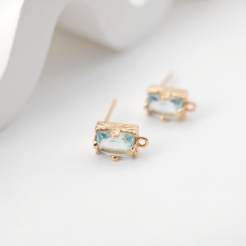 2pcs Rectangular Ear Post with Loops, 5 Colors Gemstone, Nickel Free, CZ 18K Gold Plated Stud Earring Finding D0226
