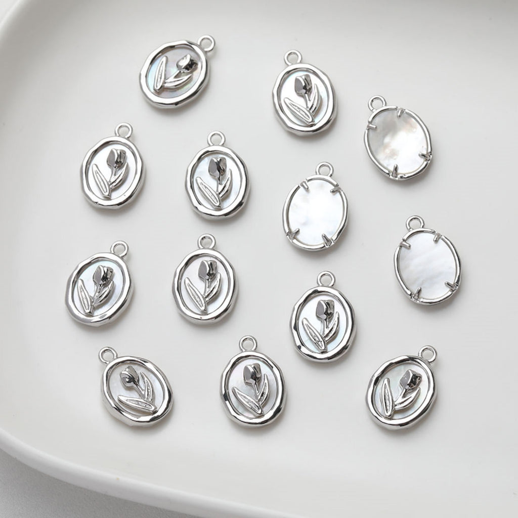 Tulips Oval Shell Pendant, 14K Gold/Silver, Oval Charm, Real Gold Plated, Jewelry Making Findings GZ507