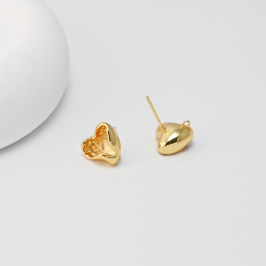 Heart Lava Earrings Post With Loop, 18K Gold Plated, Nickel Free, S925 Silver Pin, Ear Stud Hypoallergenic Earring Findings D0486