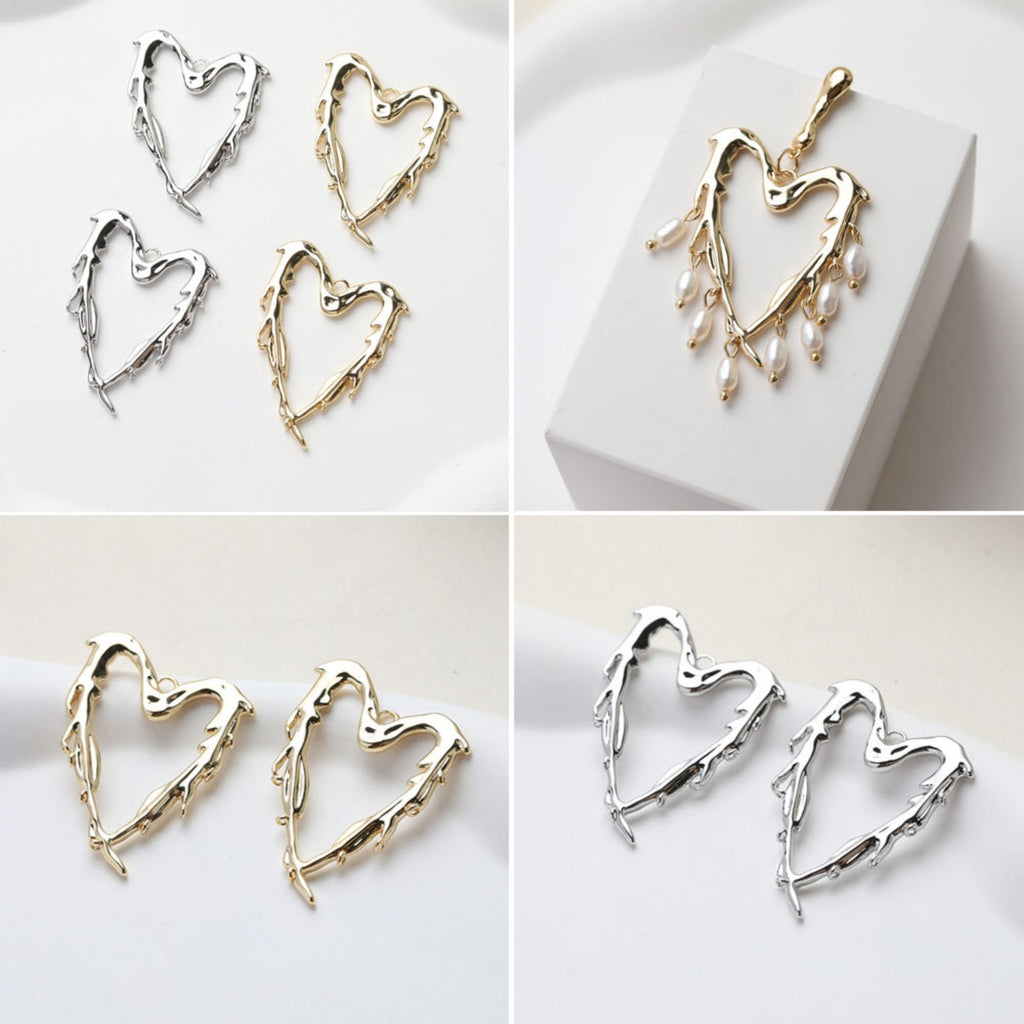 Melted Heart Pendant, Heart Charms, 14K Gold/Silver Plated Heart Pendant, Jewelry Findings GE126