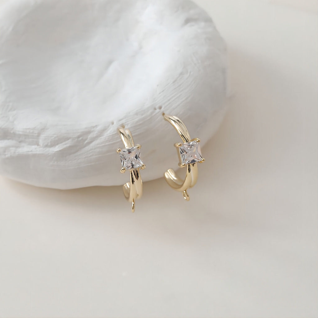 C Shape Earrings Post With Loop, 14K Gold/Silver Plated, S925 Silver Ear Pin Nickel Free Earrings, Pave Square CZ, Earring Findings JJ007