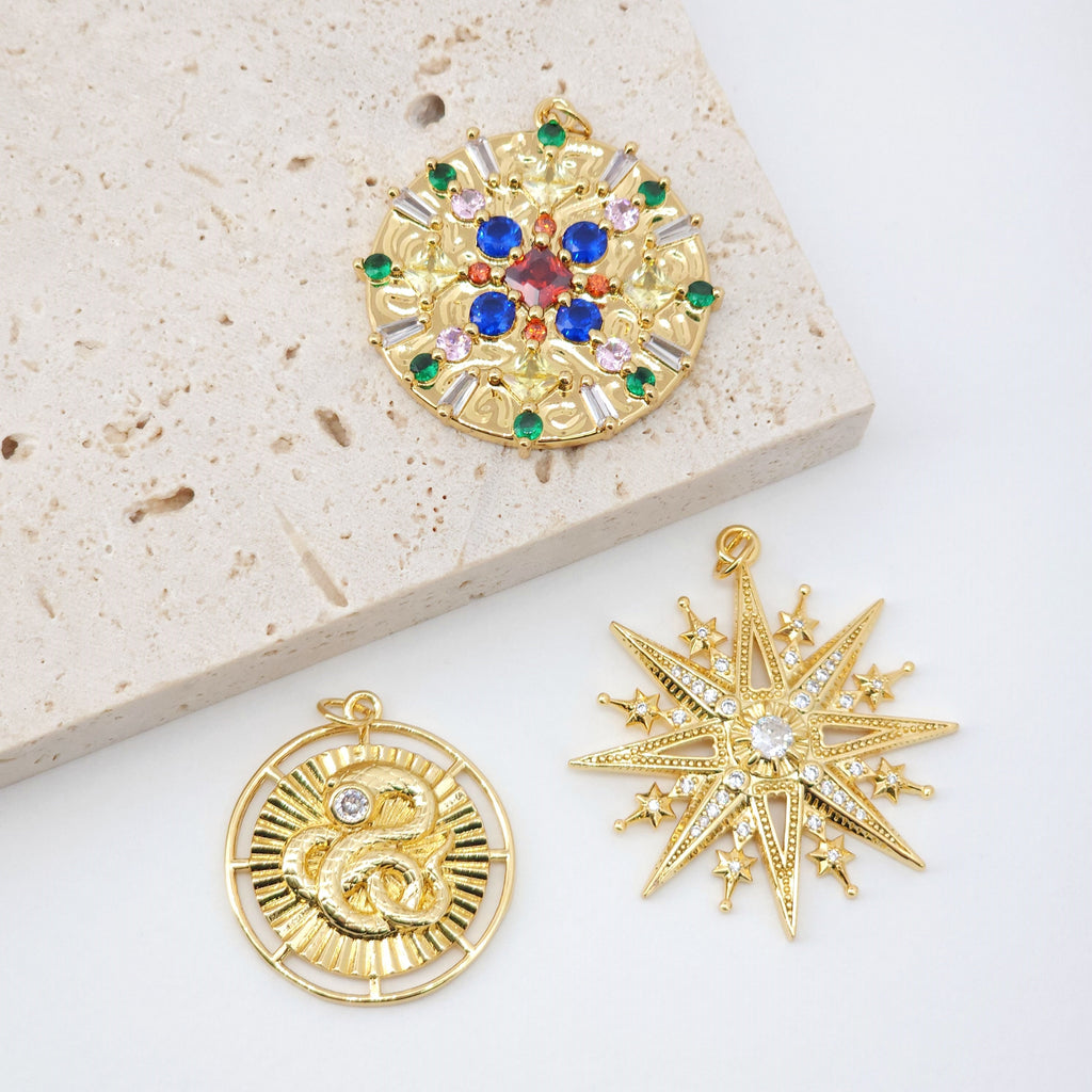 Multicolor Cubic Pave Round Charm, 18K Gold Plated Round Pendant, 35mm, Necklace Making Charm, Jewelry Findings S20568