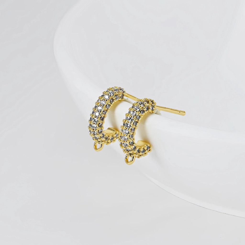 C Shape Ear Post, Nickel Free, CZ Pave, S925 Silver Pin, 14*3.3mm, 18K Gold Plated Stud Earring Finding D0406