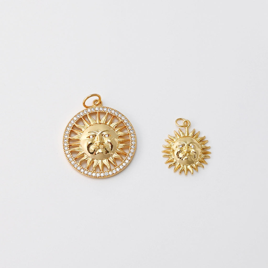 Sun Charm, Sunny Face Round Pendant, 18K Gold Plated, 20mm, 29.8mm, Necklace Making Charm, Jewelry Findings