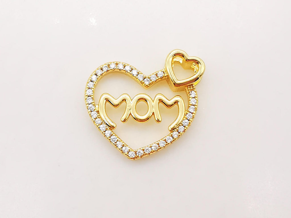 Cubic Love Mom Charm, 18K Gold Plated Micro CZ Pave Heart Pendant, Necklace Making Findings, 21x22mm, Jewelry Finding Gift for Mom S917