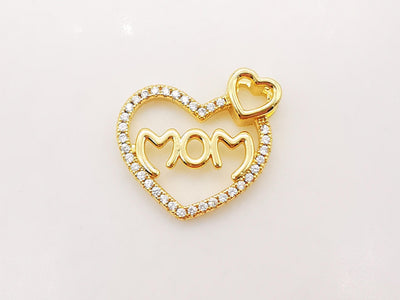 Cubic Love Mom Charm, 18K Gold Plated Micro CZ Pave Heart Pendant, Necklace Making Findings, 21x22mm, Jewelry Finding Gift for Mom S917