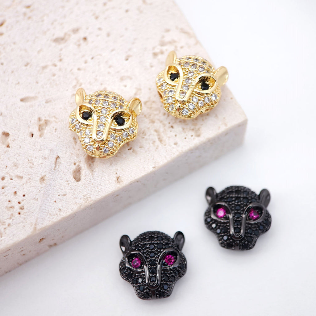 CZ Pave Leopard Spacer Bead, 18K Gold Animal Head Beads For Bracelet Necklace Making, Micro CZ Pave Beads, Jewelry Findings S009