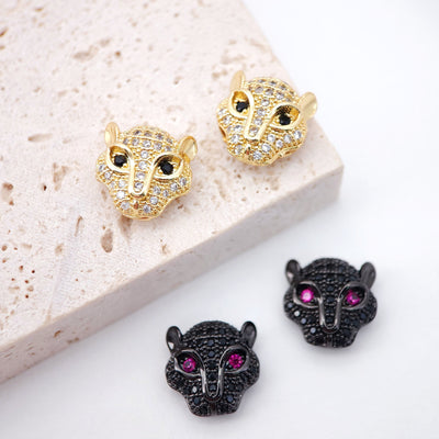 CZ Pave Leopard Spacer Bead, 18K Gold Animal Head Beads For Bracelet Necklace Making, Micro CZ Pave Beads, Jewelry Findings S009