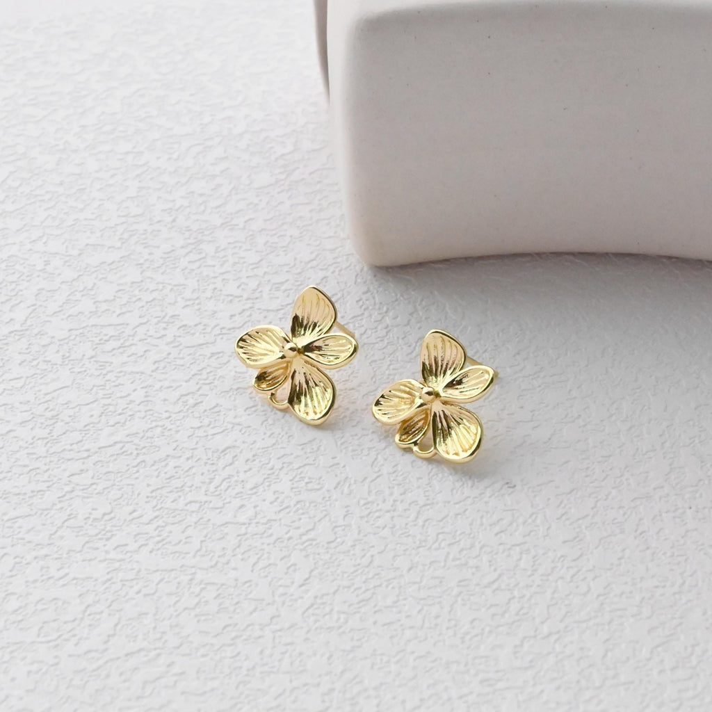 Flower Earring Post, 18K Real Gold Plated Brass Stud Earring With Loop, s925 silver pin, Nickel Free, Earring Finding D0411