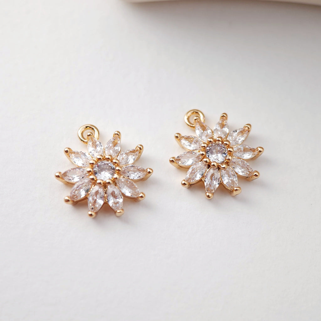 CZ Pave Flower Charm, Cubic Pendant, Earring Connectors, Real Gold Plated Brass Earring Charms, Jewelry Findings D0077