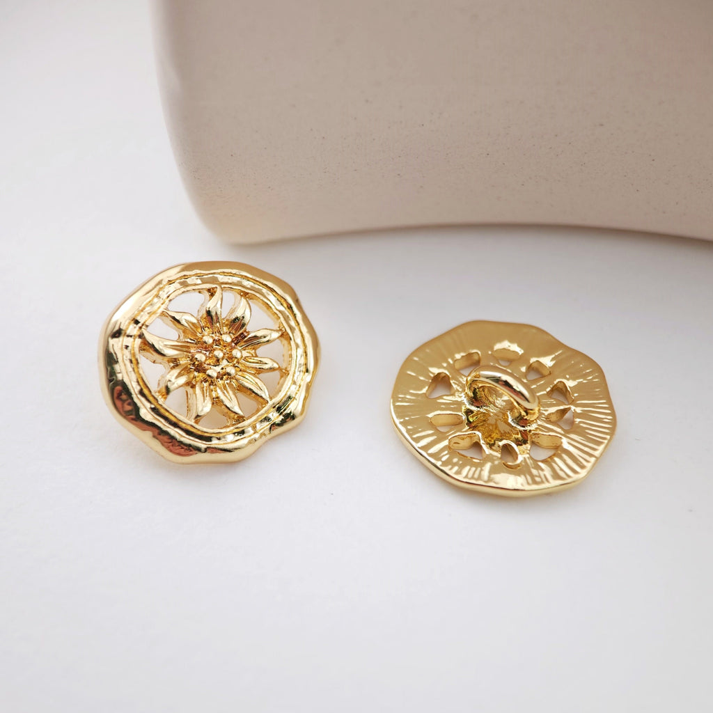 Gold Rose Flower Charm with loops, Gold Button Pendant, Sunflower Charm Pendant for Bracelet Necklace Earring, Jewelry Findings S1171