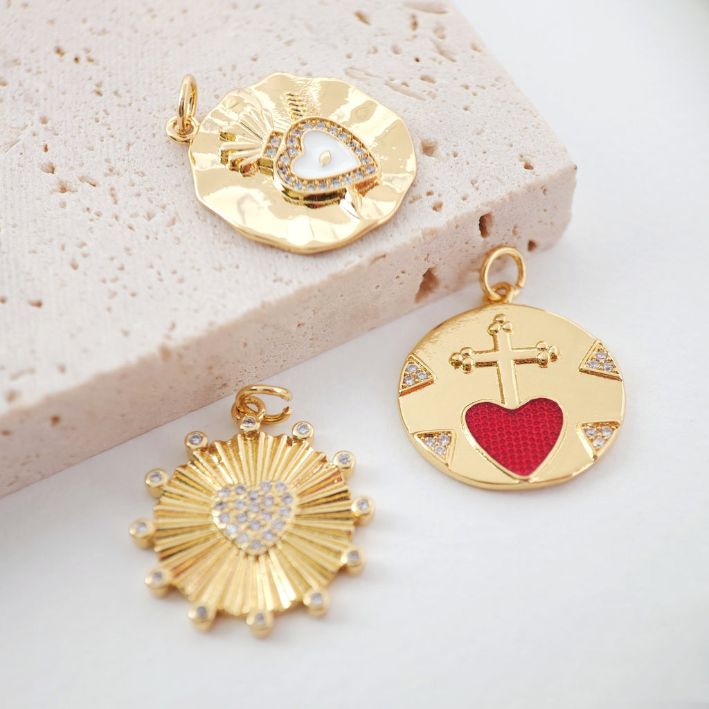 Evil Eye Charm, Coin Pendant, Heart Cross Charm, 18K Gold Plated CZ Pave Eye Pendant, Necklace Making Charm, Jewelry Findings S997