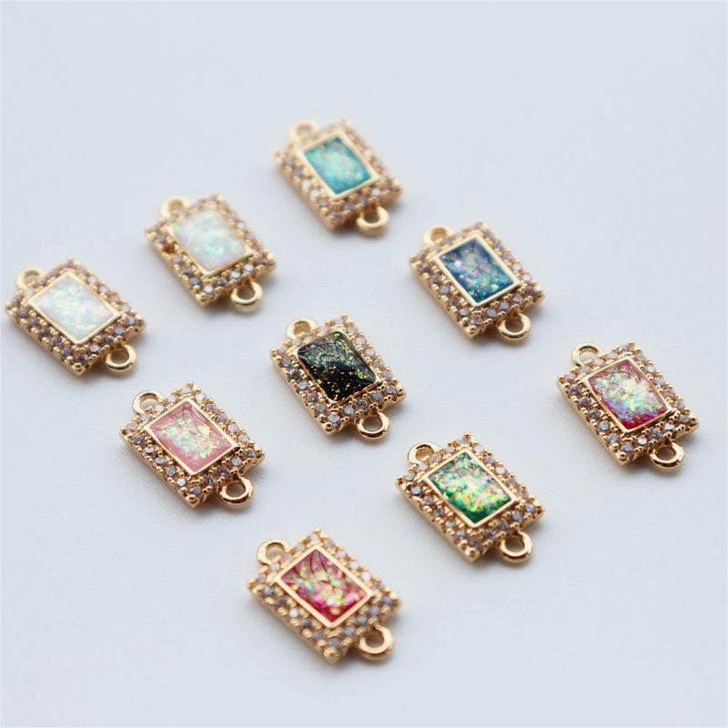 5pcs Faux Opal Rectangular Connectors, Cubic Zircon Crystal Pendant, Bracelet Necklace Pendant, 14K Gold Plated, Jewelry Findings JY083-F029