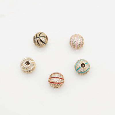 Round Pave CZ Beads, Basketball Spacer Beads, Enamel Beads, 18K Gold Plated Bracelet Necklace Making Jewelry Finding S20353