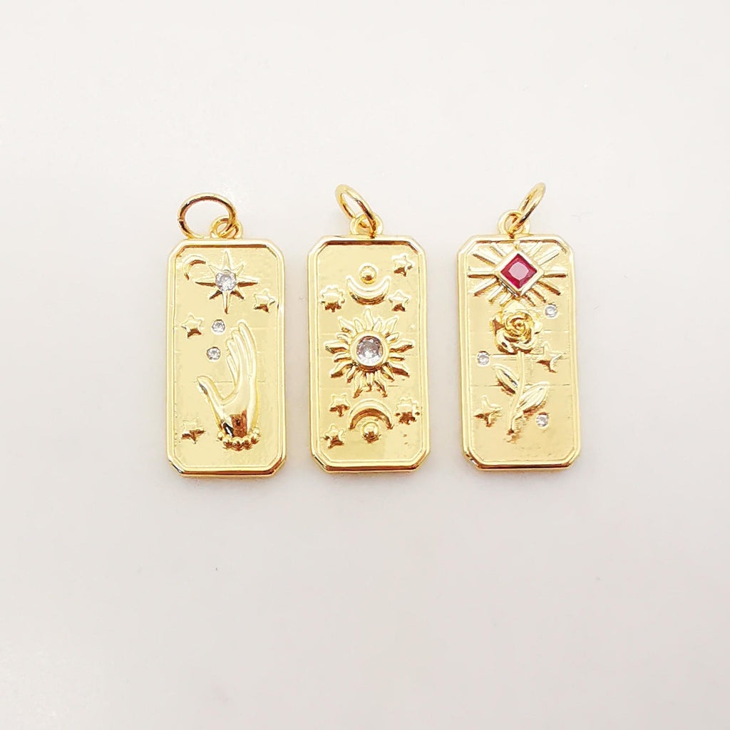 Gold Tarot Card Charms, Micro CZ Pave Hand/ Sun/ Rose Pendant, Amulet Charm 18K Gold Plated, Necklace Making Charms, Jewelry Findings S1094