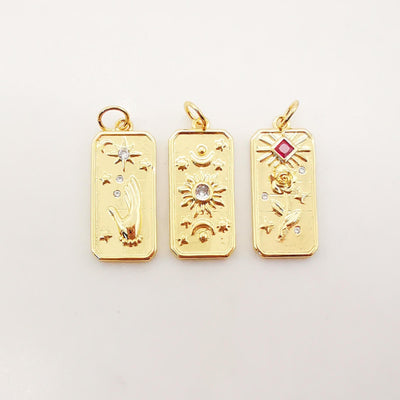 Gold Tarot Card Charms, Micro CZ Pave Hand/ Sun/ Rose Pendant, Amulet Charm 18K Gold Plated, Necklace Making Charms, Jewelry Findings S1094