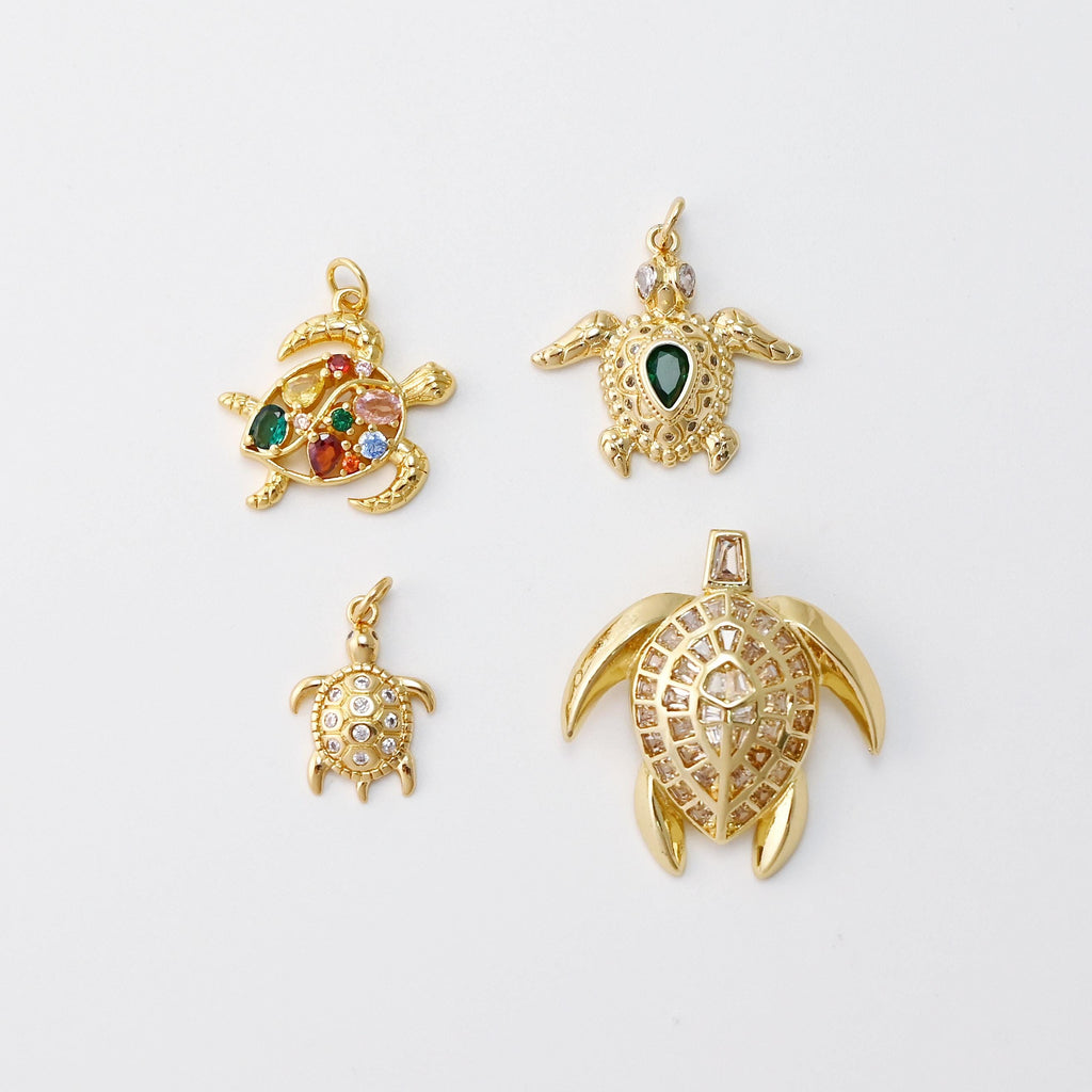 Sea Turtles Charm, 14K Gold Plated Cubic Micro CZ Pave Charms, Marine life Pendant for Necklace Jewelry Findings S20745
