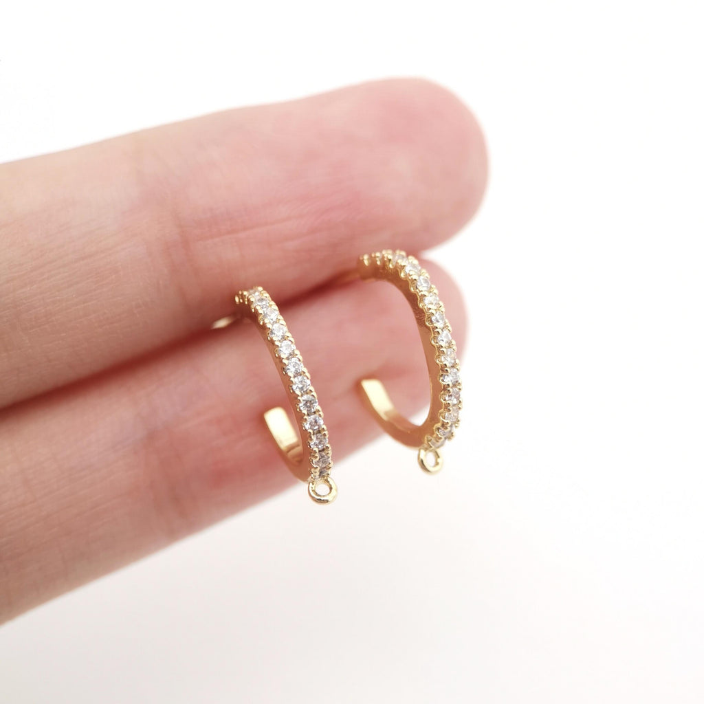 C Shape Ear Post, Nickel Free, CZ Pave, 18.9*16.4mm, 18K Gold Plated Stud Earring Finding D0277