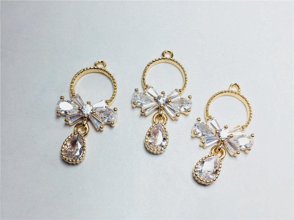 CZ Pave Bow Tie Charm, Cubic Zircon Crystal Bow Tie Pendant,  Necklace Pendant, 14K Real Gold Plated Charm, Jewelry Findings JY012-F010