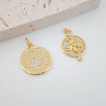 Load image into Gallery viewer, Little Bee Charms, 18K Gold Plated Tiny Bee Pendant, CZ Pave Round Pendant, Necklace Making Charms, Jewelry Findings S362