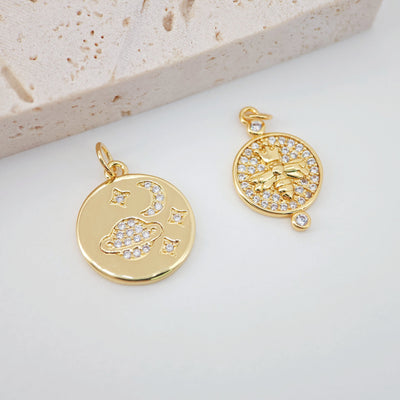 Little Bee Charms, 18K Gold Plated Tiny Bee Pendant, CZ Pave Round Pendant, Necklace Making Charms, Jewelry Findings S362