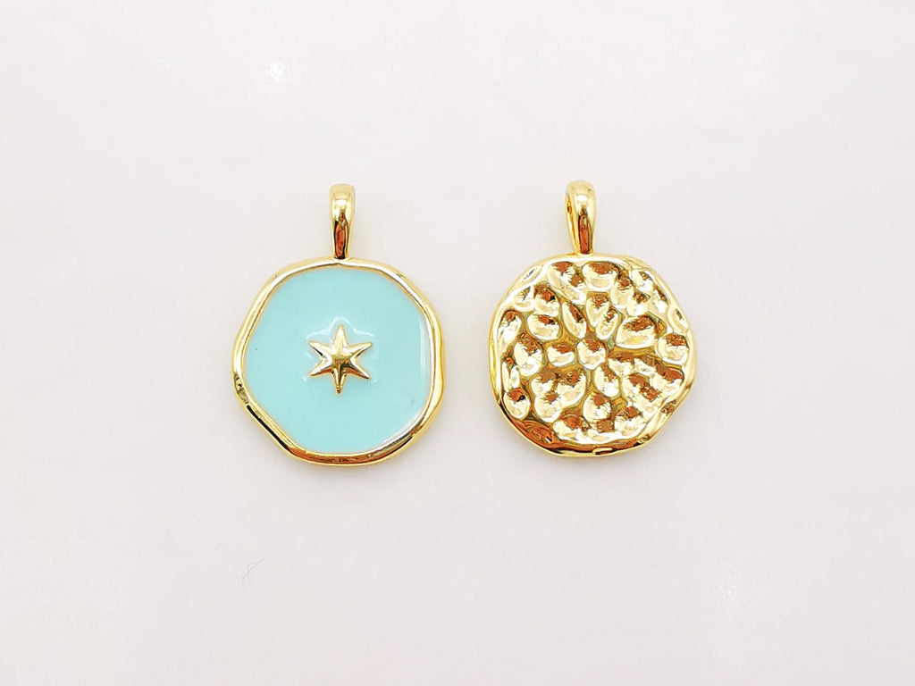 Multicolor Enamel Round Coin Charm, 18K Gold Plated Star/Heart/Moon/Wing/Light, 14mm, Necklace Bracelet Making Pendant, S910