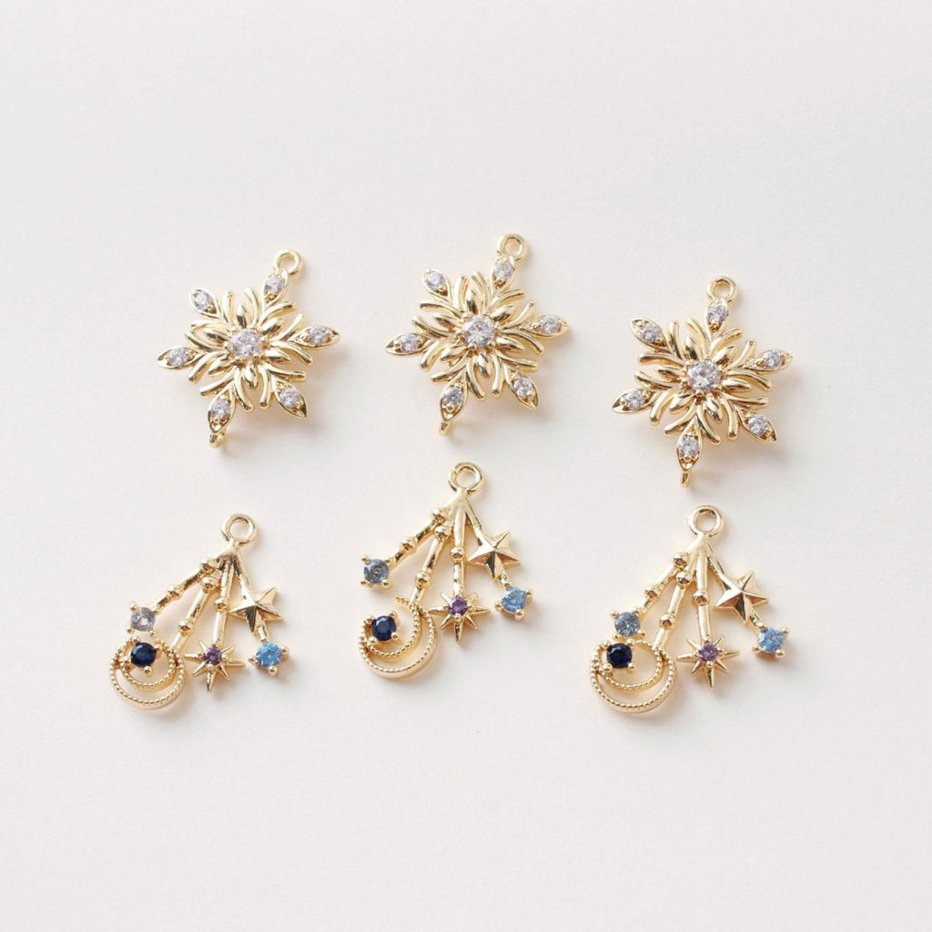 CZ Pave Moon⋆ Charm, Cubic Zircon Crystal Pendant, CZ Snowflake Charms,  Real Gold Plated Brass Earring Charms, Jewelry Findings BB037