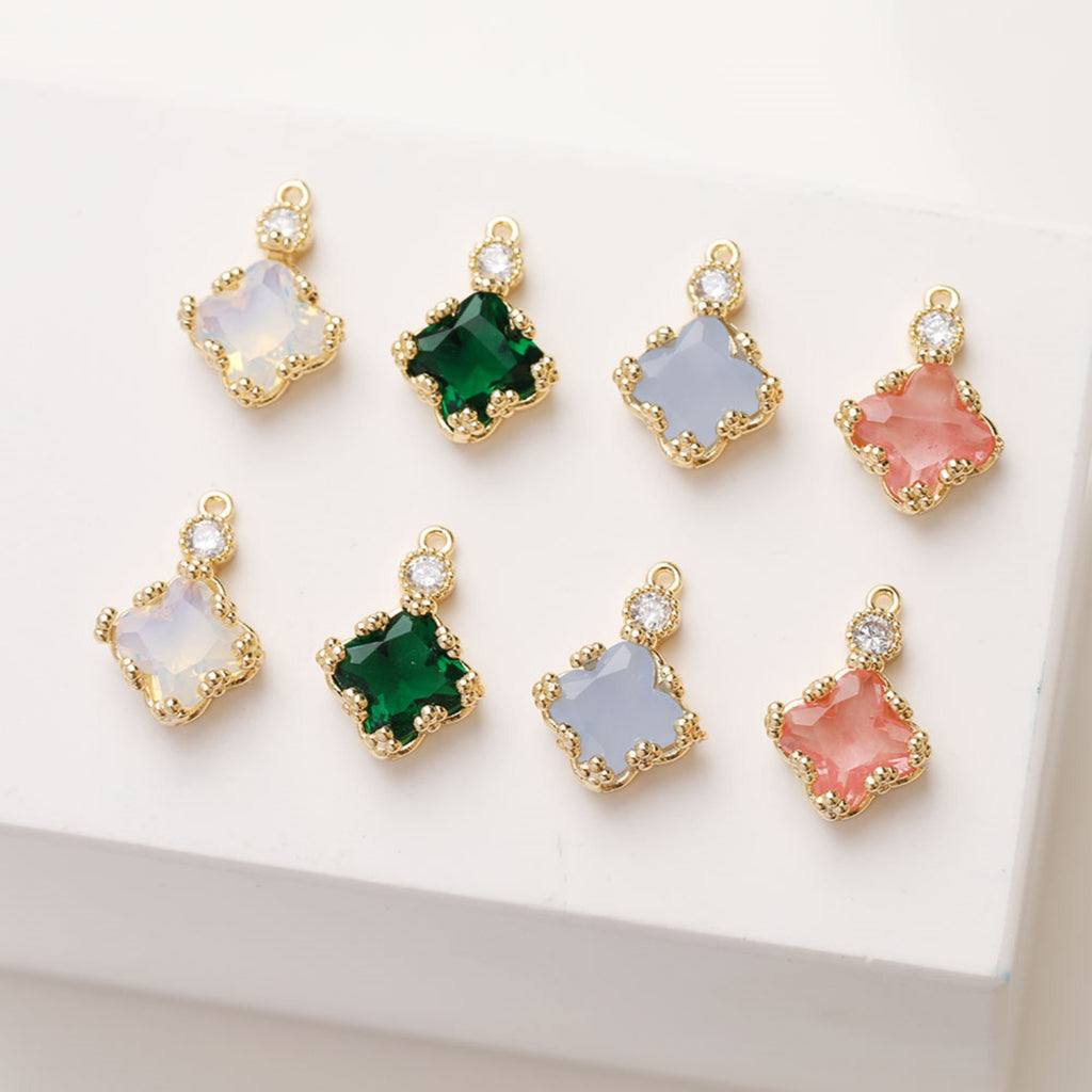 Four-leaf Clover Flower Crystal Charm with loops, Rhinestone Pendant, Bracelet Necklace Making, Gold Plated Jewelry Findings GZ381