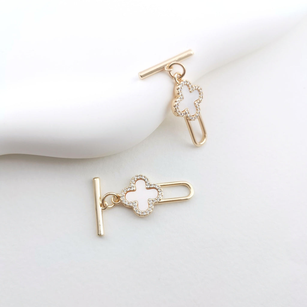 Four Leaf Clover OT Toggle Clasps, 18K Gold Plated OT Buckle, CZ Pave Mother of Pearl, Necklace Closure, Connectors Clasps, ZX050