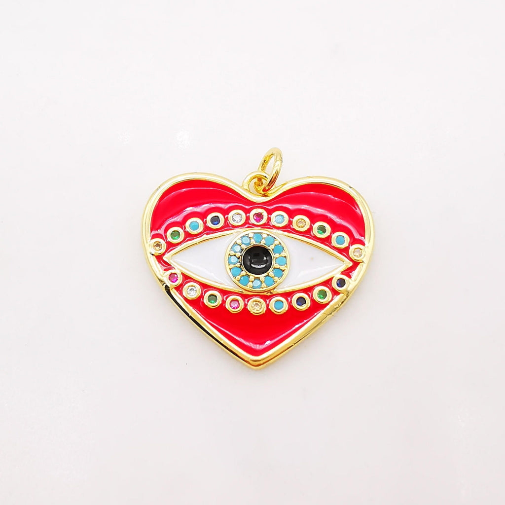 Enamel Evil Eye Charm, 18K Gold Plated Micro CZ Pave Heart Shape Eye Pendant, 23mm, Necklace Making Charm, Jewelry Findings S896-7