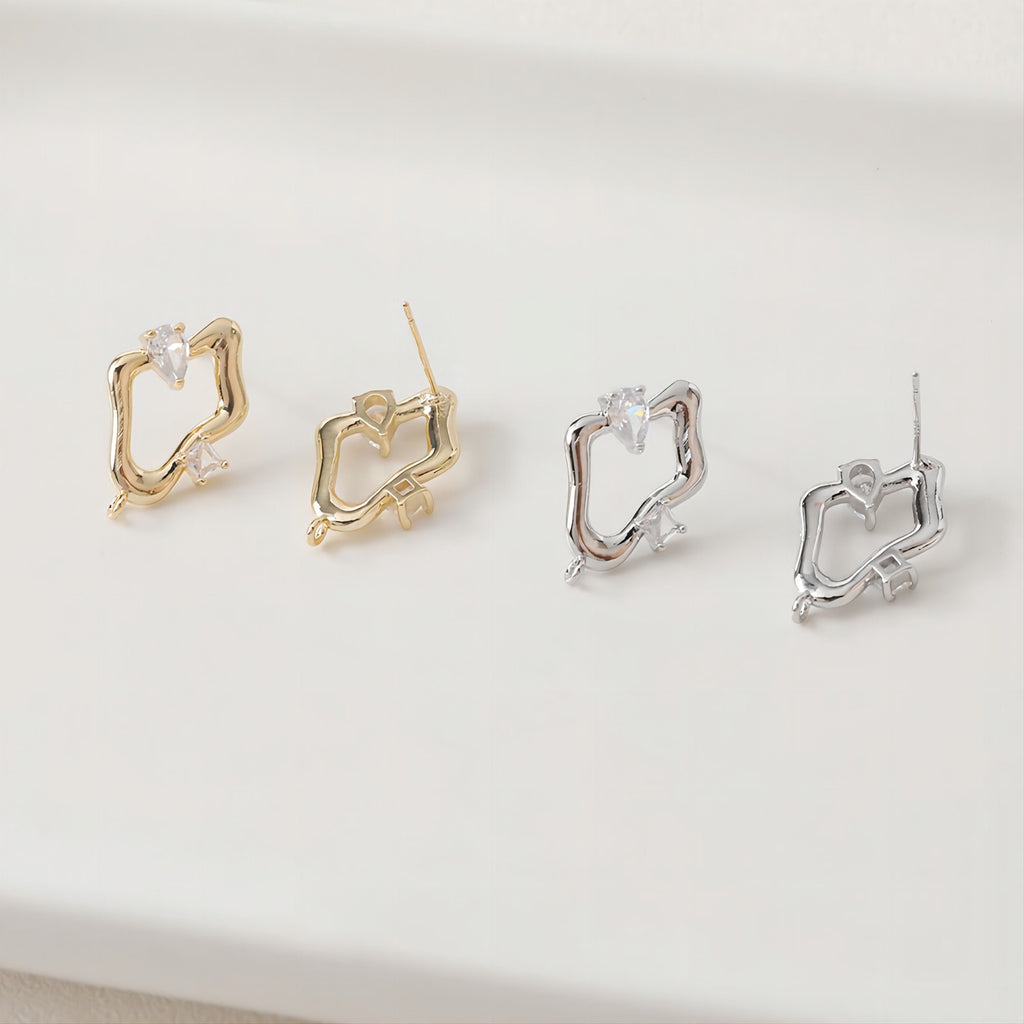 Irregular Pave CZ Earring Post, 14K Gold/Silver Plated,  S925 Silver Pin Nickel Free Earrings, Hypoallergenic Earring Findings JJ005