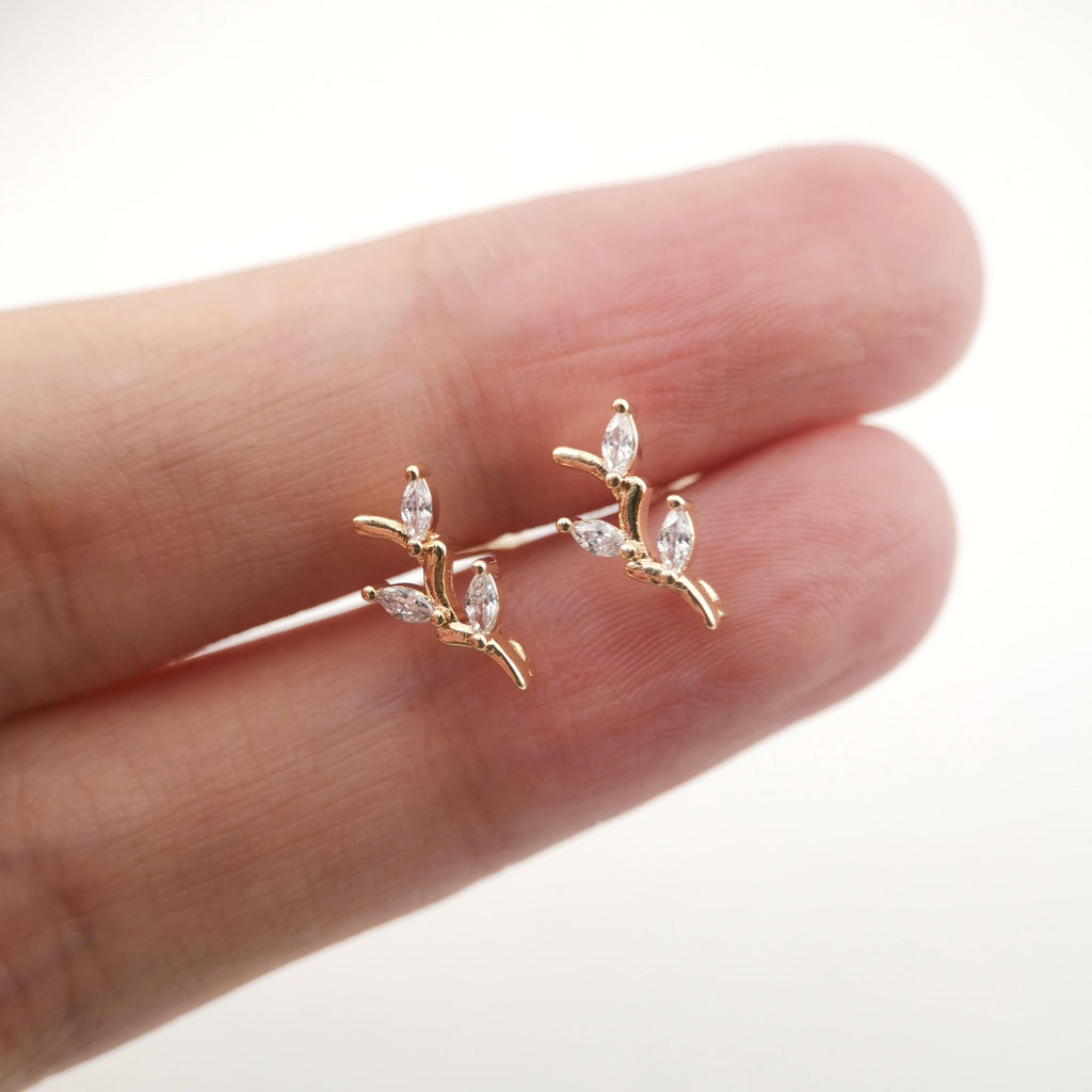 4pcs Gold Leaf Earring Post With Loop, S925 Silver Ear Pin Nickel Free Earrings, CZ Pave Ear Stud, Hypoallergenic Earring Findings ZX039