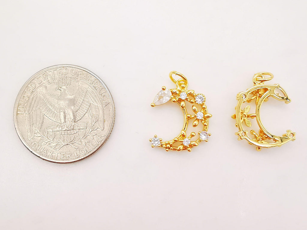 Cubic Crescent Moon Charm, Eye Charm, 18K Gold Plated Moon Pendant, Clear Micro CZ Pave Horn Charms, Jewelry Findings S774