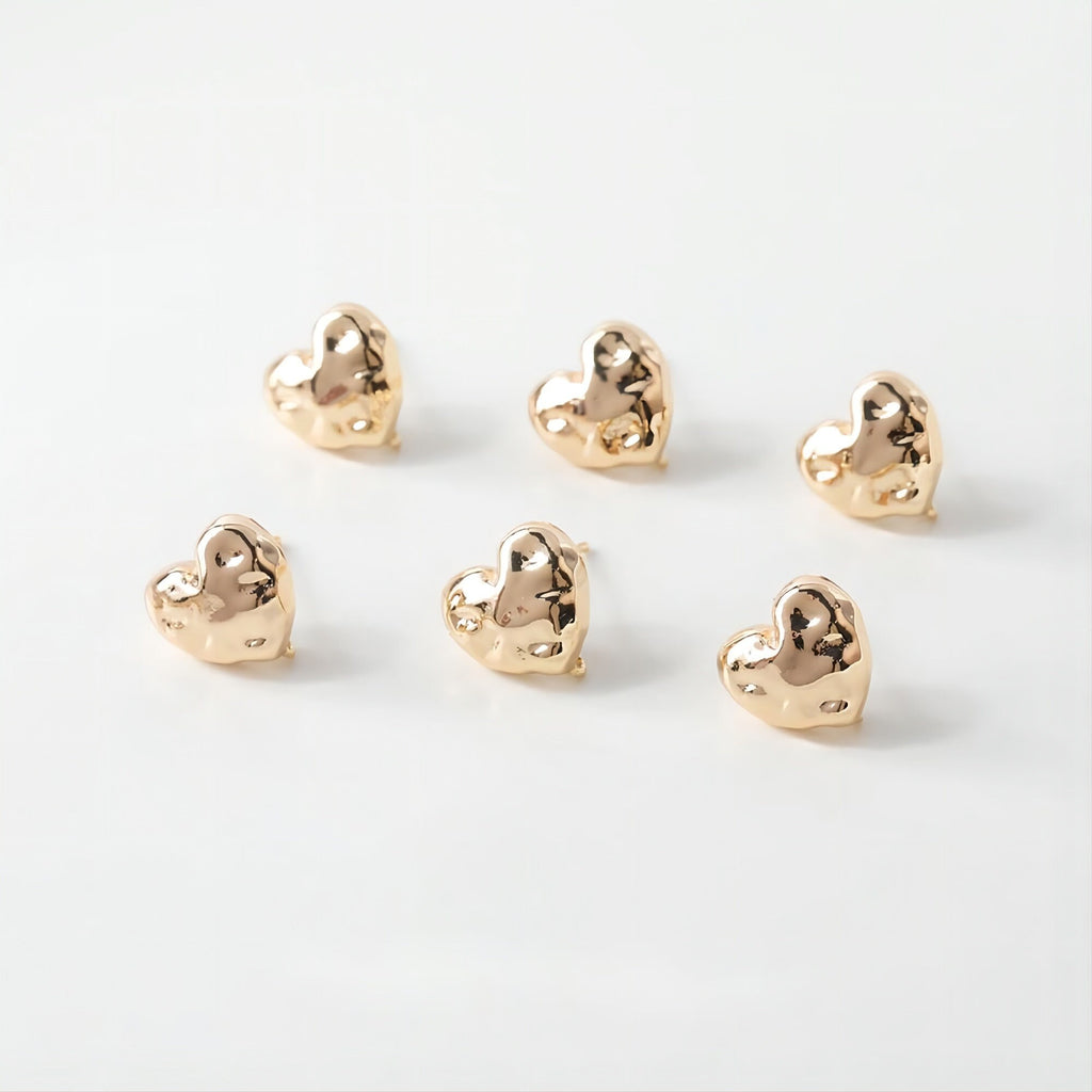10pcs Gold Hammered Heart Earring Post, S925 Silver Pin Nickel Free Earrings, Heart Shape Ear Stud with Loop, Z098