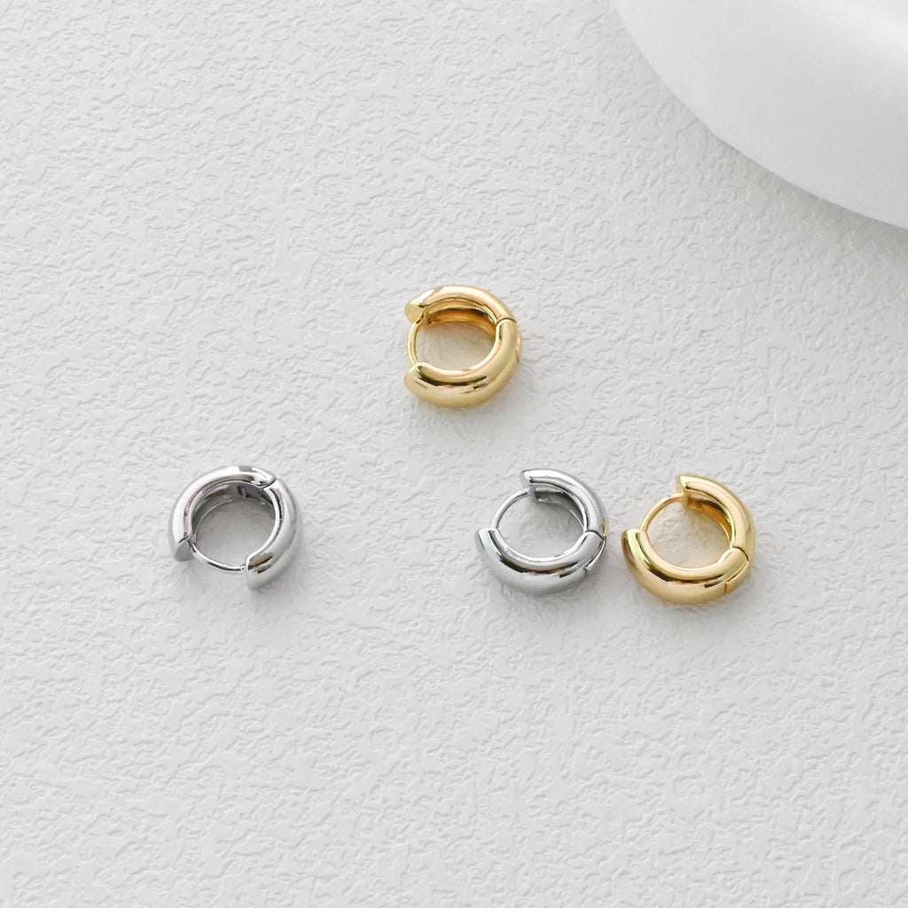 Chunky Smooth Earring Hoop, Gold/Silver Huggie Earring with Loop, 14mm, Everyday Simple Huggie Hoops , Handmade Earring Supplies  D0115